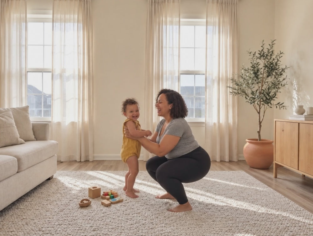 Mom squatting and playing with her toddler — waistband stays put
