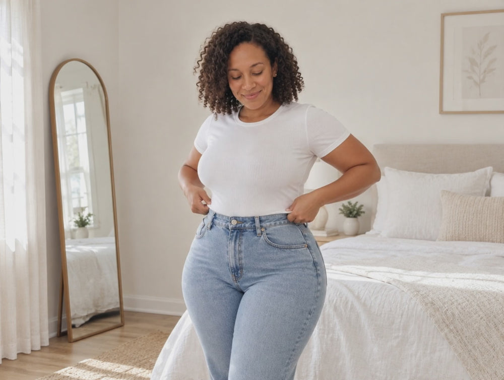 Mom tucking a white tee into jeans with no visible lines